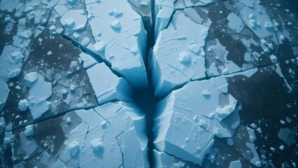 Deep crack in vast glacial ice sheet revealing cold blue water amidst broken floes. Arctic/Antarctic landscape, climate change concept.