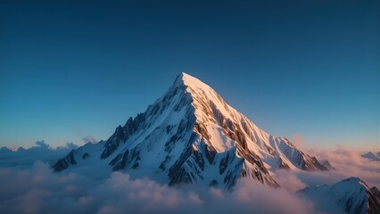 Majestic Snow-Capped Mountain Peak Above Clouds at Sunrise. Golden Light on Alpine Summit.