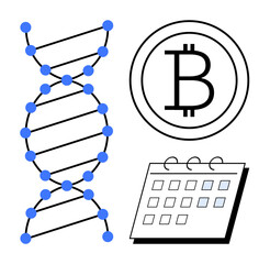 DNA diagram, cryptocurrency Bitcoin icon, and calendar icon illustrating innovation, finance, scheduling, planning, science, technology. Ideal for progress genetics blockchain time management