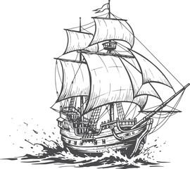 Rough Waters Voyage: Vintage Engraving of Sailboat Battling the Waves