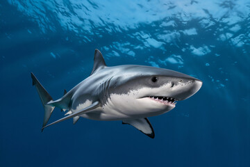 A great white shark swims in clear blue water, sunlight dappling from above.