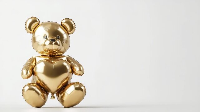 The golden bear balloon sits upright against a plain background, featuring a shiny surface and playful shape. This bear balloon showcases its charm with a heart shape on its belly.