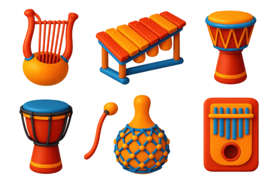 Vibrant African Music Icons. 3D icon set of African music: kora harp, balafon, djembe, talking drum, shekere, thumb piano. A set