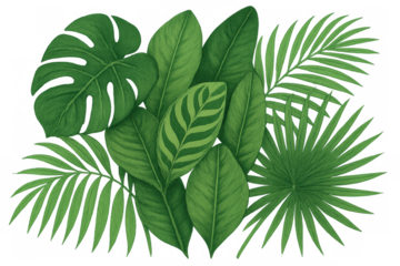 Tropical green leaves with monstera, palm, and calathea varieties forming a dense botanical background. Transparent background