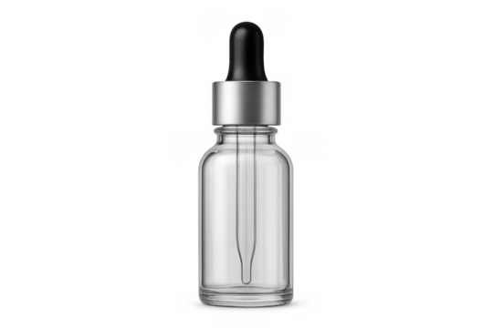 Clear glass dropper bottle with pipette on transparent background