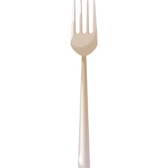 Simple beige colored metallic fork with four prongs and a long handle isolated on a clean white background symbolizing dining and cutlery