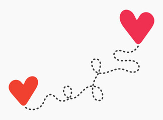 Path from heart to heart. Two red hearts connected with a dotted line. Finding love and relationships. 