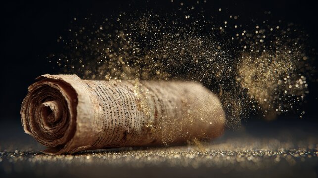 Ancient Egyptian papyrus scroll floating with golden particles
