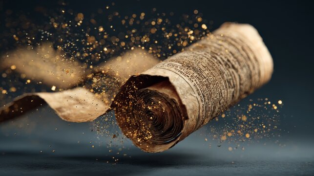 Ancient Egyptian papyrus scroll floating with golden particles