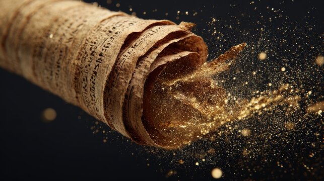 Ancient Egyptian papyrus scroll floating with golden particles