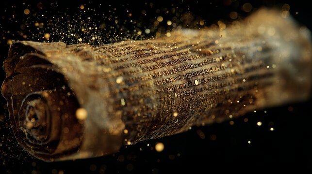 Ancient Egyptian papyrus scroll floating with golden particles