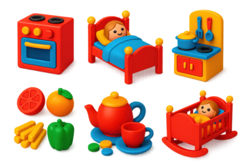 Vibrant Toy Icon Set. 3D icon set of pretend play: toy stove, doll bed, kitchen set, play food, tea set, doll cradle. A set of