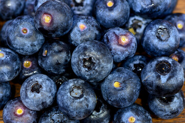 Detailed macro view of fresh blueberries arranged on a flat surface, suitable as a food or background image.