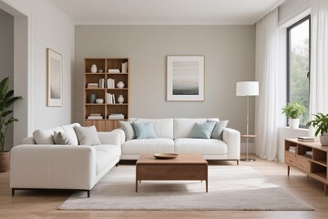 A sophisticated living room with a light sofa, crafted wooden furniture, and a serene aesthetic for comfort