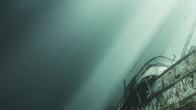 The ghostly shipwreck looms in the misty depths, revealing its weathered structure under dim light. This shipwreck captures the eerie atmosphere of the deep sea, evoking a sense of