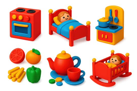 Vibrant Toy Icon Set. 3D icon set of pretend play: toy stove, doll bed, kitchen set, play food, tea set, doll cradle. A set of