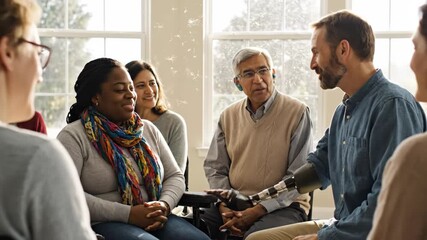 Group discussion with diverse participants engaged in interactive conversation in sunlit room - Powered by Adobe