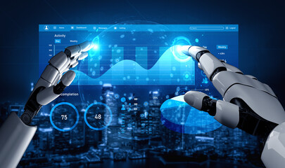 A futuristic depiction of robot hands interacting with a digital data interface, symbolizing the integration of technology and business analytics in a modern workspace. Impute