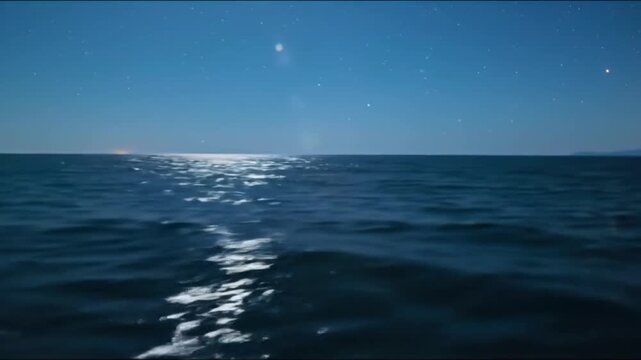 The deep blue sea ripples gently at night, under a blue sky dotted with sparkling stars. A journey across the sea.  Generative AI.