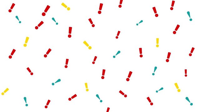 Colorful exclamation mark symbols on a white background. The marks gently rotate and scale in and out randomly, evoking clarity, surprise, attention, focus and expression.