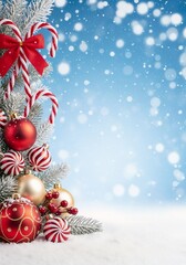Christmas card background with a snow-covered fir branch decorated with red, silver, and peppermint candy-striped baubles and candy canes with a red bow. The setting is a snowy ground with a bright bl