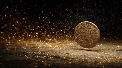 Ancient Greek bronze coin spinning in air surrounded by golden particles