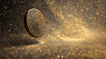 Ancient Greek bronze coin spinning in air surrounded by golden particles