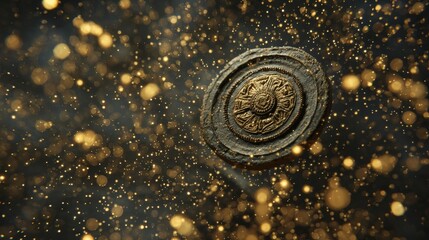 Ancient Greek bronze coin spinning in air surrounded by golden particles