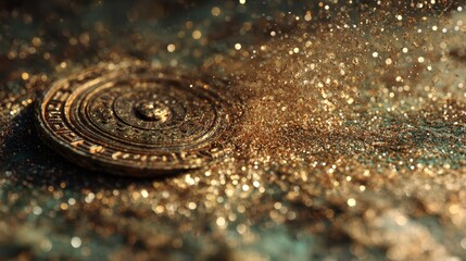 Ancient Greek bronze coin spinning in air surrounded by golden particles