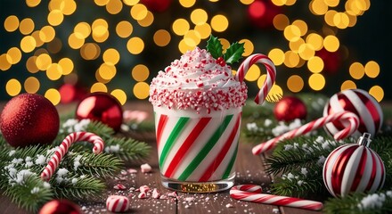 A decadent and festive close-up of a Christmas peppermint milkshake or hot chocolate. The drink is served in a glass with diagonal red, white, and green stripes and is overflowing with whipped cream, 