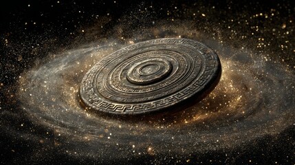 Ancient Greek bronze coin spinning in air surrounded by golden particles