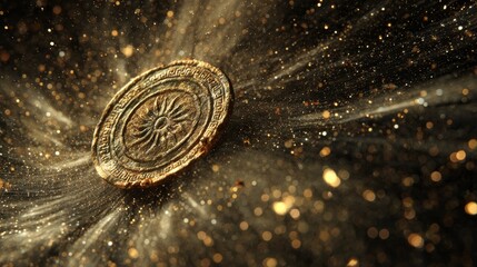 Ancient Greek bronze coin spinning in air surrounded by golden particles