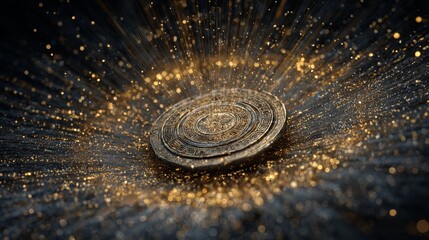 Ancient Greek bronze coin spinning in air surrounded by golden particles