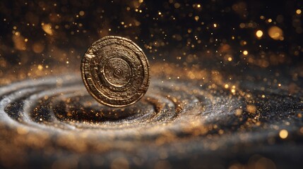 Ancient Greek bronze coin spinning in air surrounded by golden particles