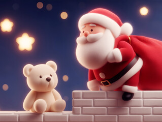 3d santa claus giving gift to teddy bear on rooftop with glowing stars