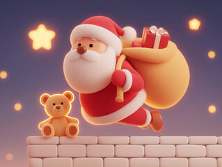 3d santa claus flying over rooftop with teddy bear and red gift bag