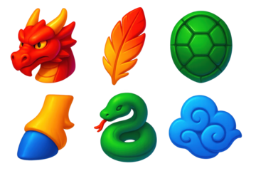 Mythic Creature Icons. 3D icon set of mythic creatures: dragon head, phoenix feather, turtle shell, qilin hoof, serpent coil,