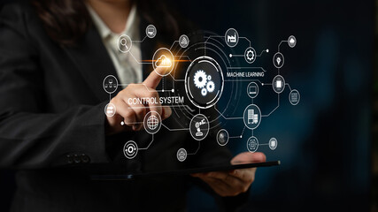 Fototapeta premium Modern automation drives workflow efficiency by connecting systems, people, and data. With intelligent automation, businesses unlock potential through seamless integration and automation tools. Spline