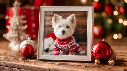 una mesa decorada de navidad con adornos y ornamentos navideños con un porta retrato con la foto de un perro o la mascota de la familia con sueter de navidad con luces del arbol navideño