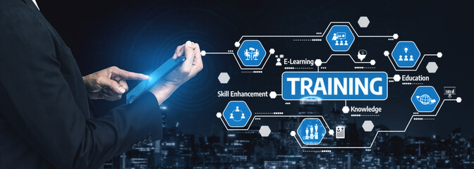 A digital representation of modern training concepts featuring e-learning and skill enhancement...