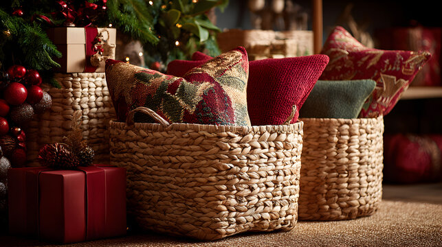 canastas de mimbre decorativas con cojines navide&ntilde;os dentro junto a un arbol de navidad en una sala de una casa para celebraciones navide&ntilde;as