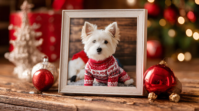 una mesa decorada de navidad con adornos y ornamentos navide&ntilde;os con un porta retrato con la foto de un perro o la mascota de la familia con sueter de navidad con luces del arbol navide&ntilde;o 