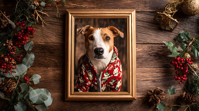 un dise&ntilde;o de un fondo de madera con un marco de ramas y adornos navide&ntilde;os al rededor rodeando un porta retrato con la foto de una mascota de un perro con un sueter navide&ntilde;o decoraciones de navidad 