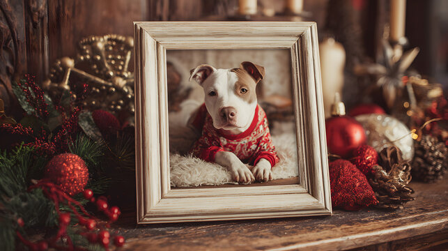 un porta retrato con un perro con sueter navide&ntilde;o sobre una mesa de navidad con decoraciones y adornos navide&ntilde;os decorativos en invierno