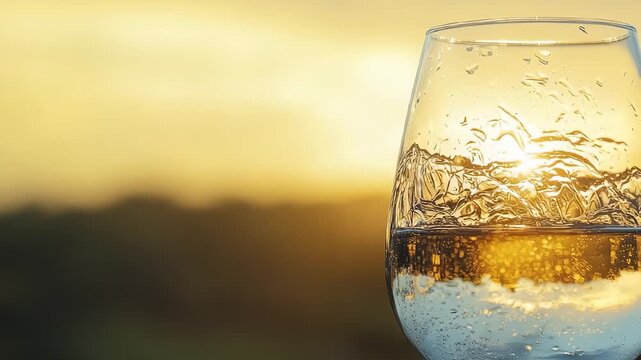 The glass of water reflects the warm glow of the sunset, capturing shimmering droplets within. This glass of water stands prominently, framed by a soft, blurred landscape in the ba