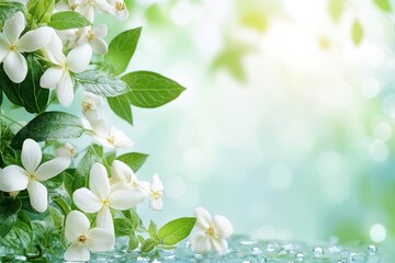 Fototapeta premium Blooming white flowers with green leaves in a soft daylight background near water droplets