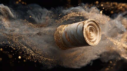 Marble Greek column fragment floating in air with swirling golden particle clouds