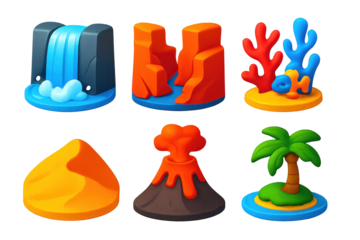 Vibrant Nature Icons. 3D icon set of nature perspectives: waterfall, canyon, coral reef, desert dune, volcano, island. A set of 3D