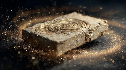 Cracked Greek marble tablet floating in air amid sparkling gold dust constellation