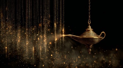 Ornate Greek oil lamp floating in air with cascading golden particle effects